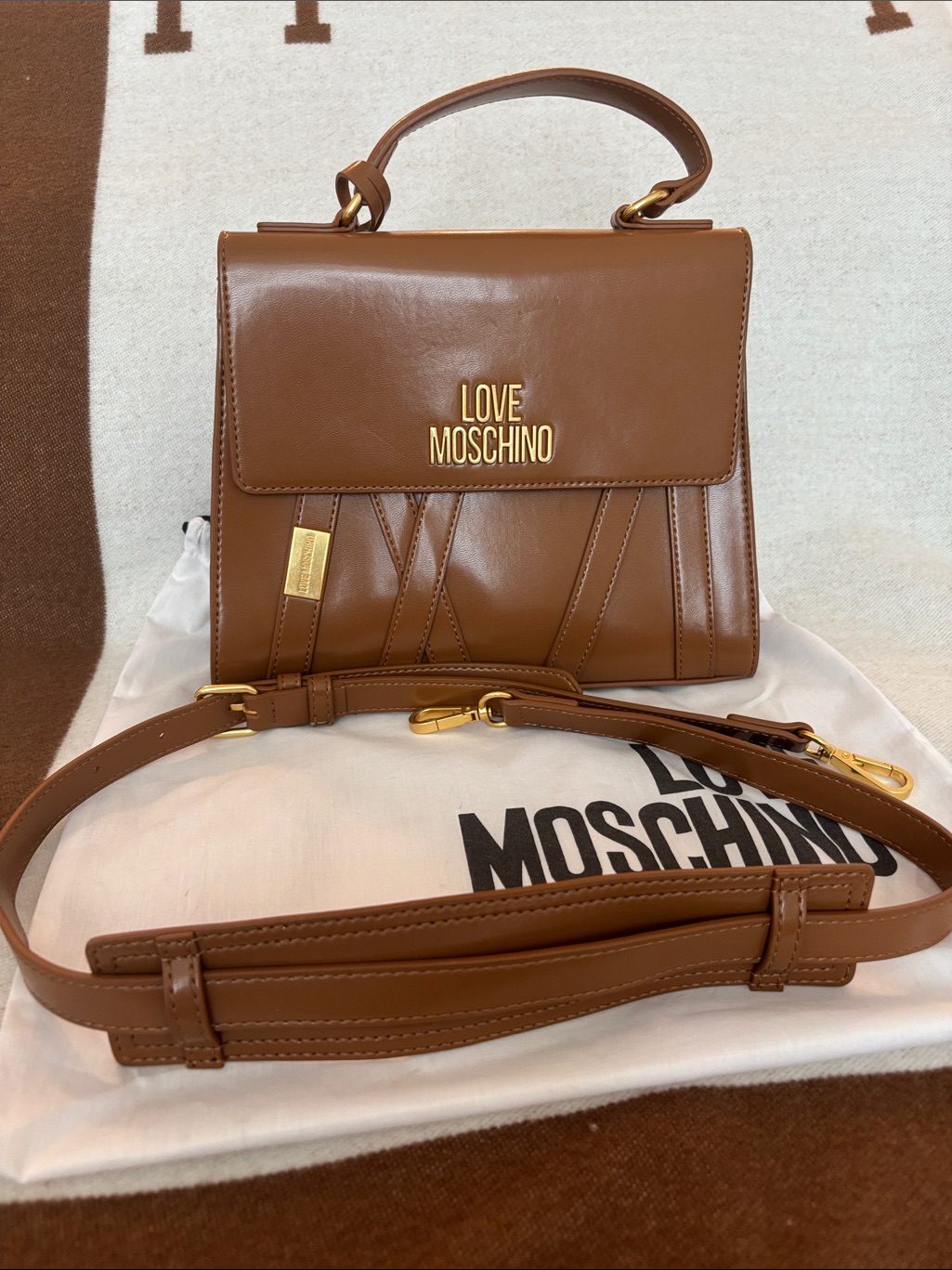 Nwot Love Moschino Tan Brown Top-Handle Satchel With Gold Hardware W/ Dust Bag